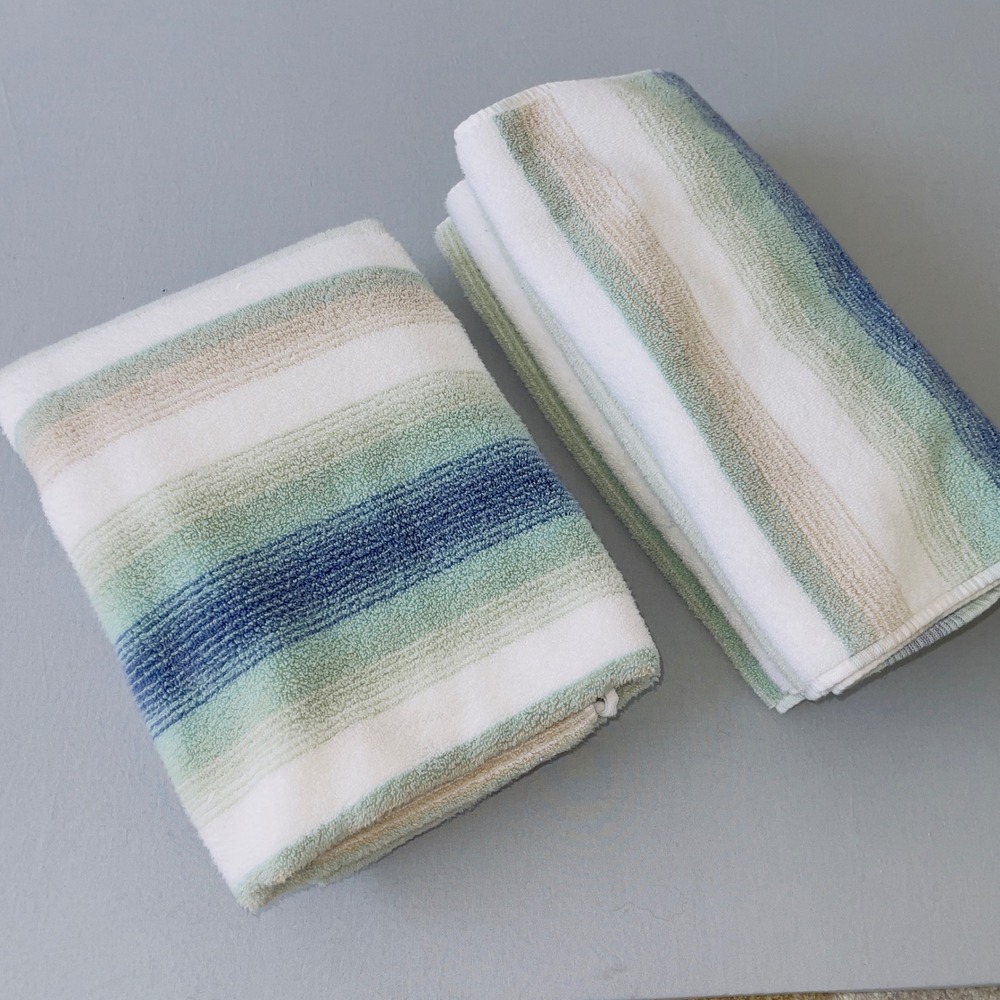 Tommy Bahama Home Bath Towel & 2 Hand Striped Blue Green Beige 100% Cotton 52x27